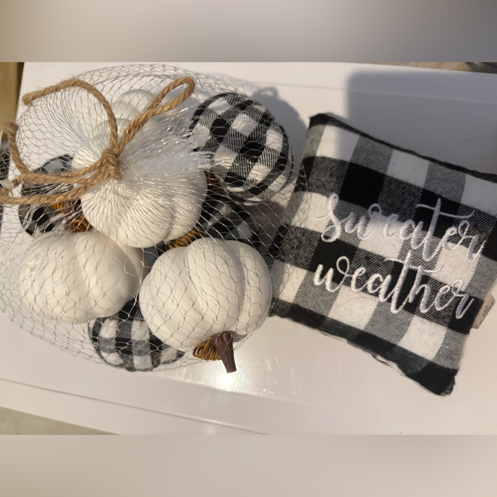 Black and White Checkered Plaid Autumn  Pumpkin and Mini Pillow Decor Set